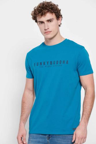 Funky Buddha ανδρικό βαμβακερό T-shirt μονόχρωμο με logo print και patch μπροστά - FBM007-329-04 Γαλάζιο